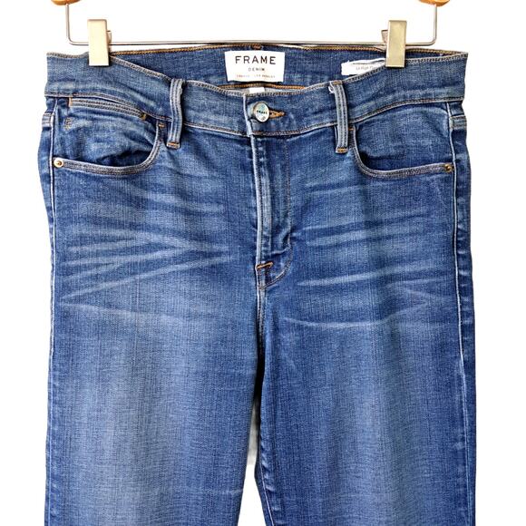 FRAME Le High Flare Jeans Size 29 Medium Wash Whiskering Raw Hem Stretchy - Picture 8 of 12